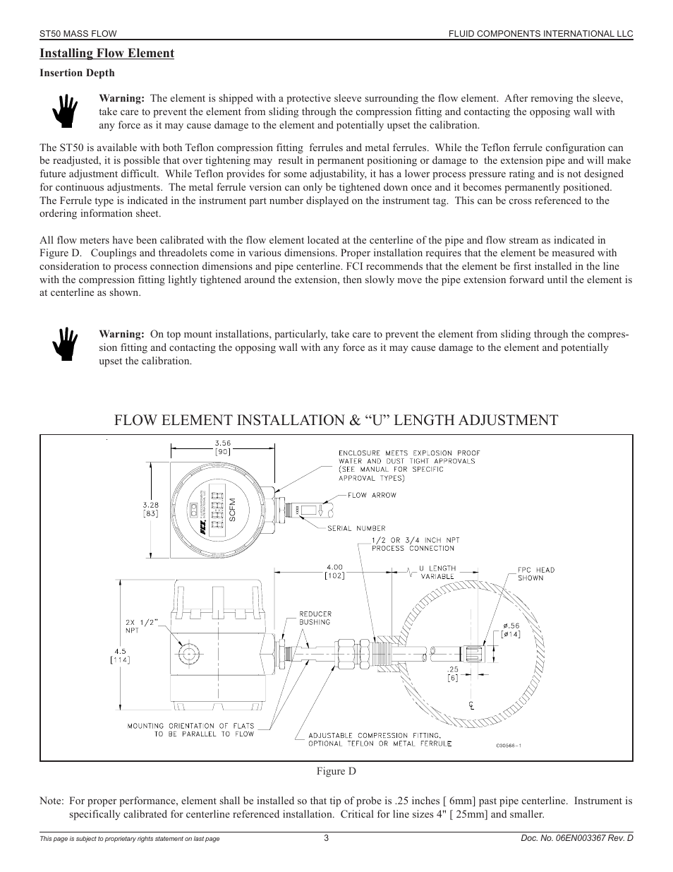 Installing flow element, Flow element installation & “u” length adjustment, St50 mass flow fluid components international llc | Fluid Components International ST50 User Manual | Page 3 / 36
