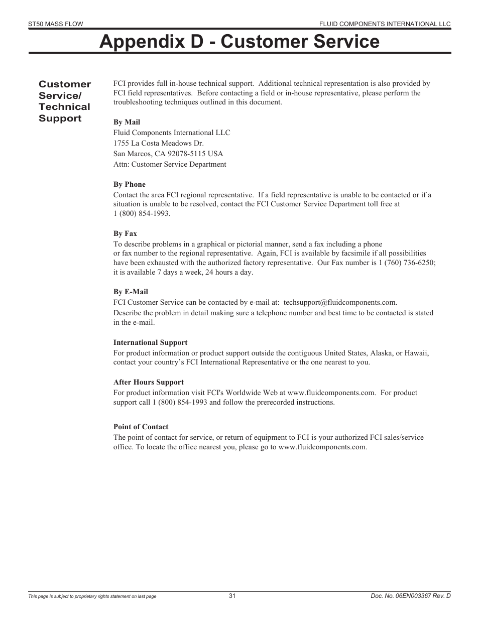 Appendix d - customer service | Fluid Components International ST50 User Manual | Page 31 / 36