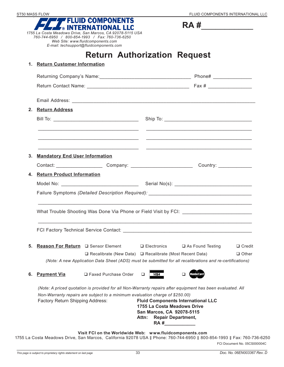 Return authorization request | Fluid Components International ST50 User Manual | Page 33 / 36
