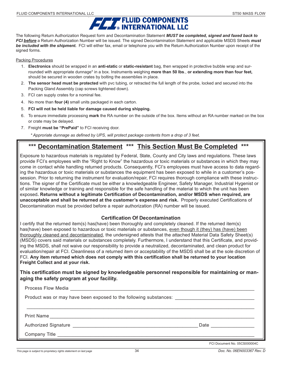 Fluid Components International ST50 User Manual | Page 34 / 36