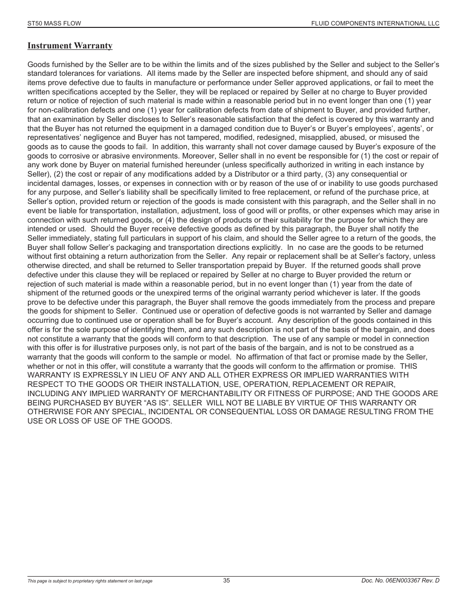 Instrument warranty | Fluid Components International ST50 User Manual | Page 35 / 36