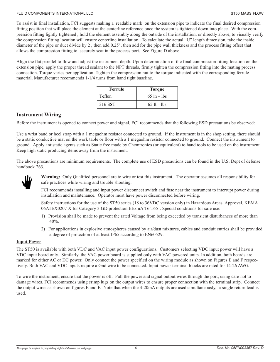 Instrument wiring | Fluid Components International ST50 User Manual | Page 4 / 36