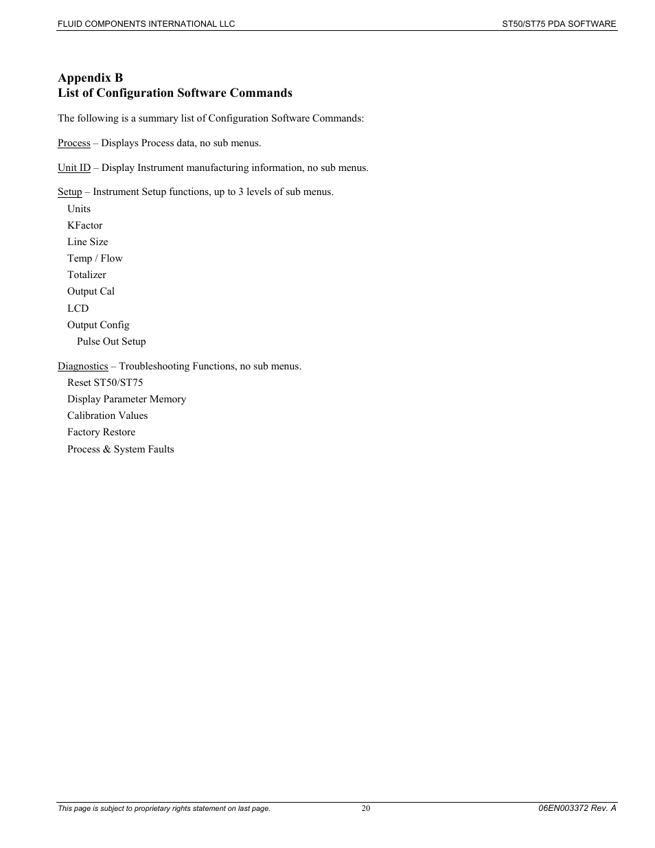 Appendix b list of configuration software commands | Fluid Components International ST75 PDA Software User Manual | Page 22 / 24