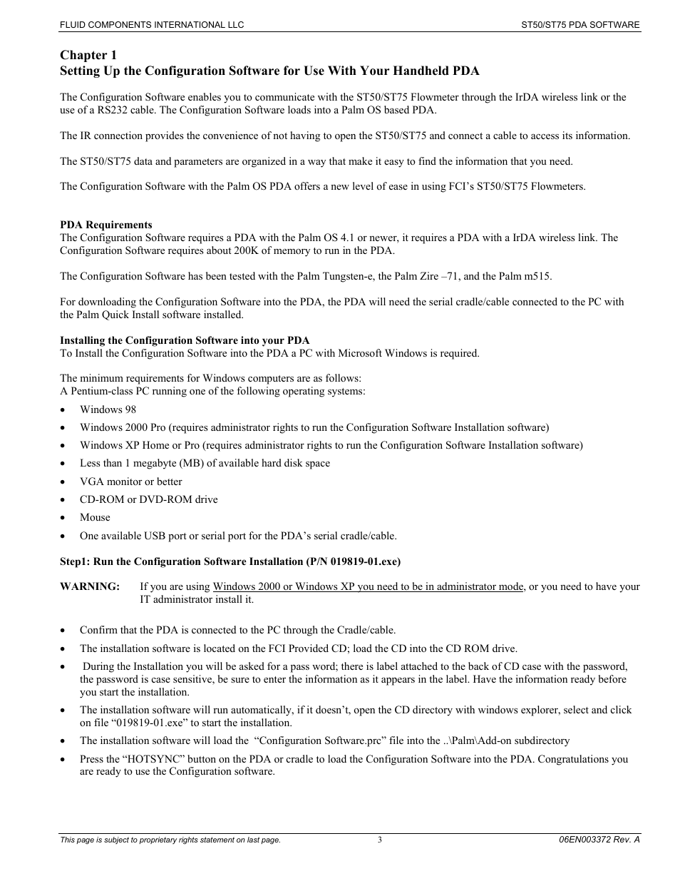 Pda requirements | Fluid Components International ST75 PDA Software User Manual | Page 5 / 24