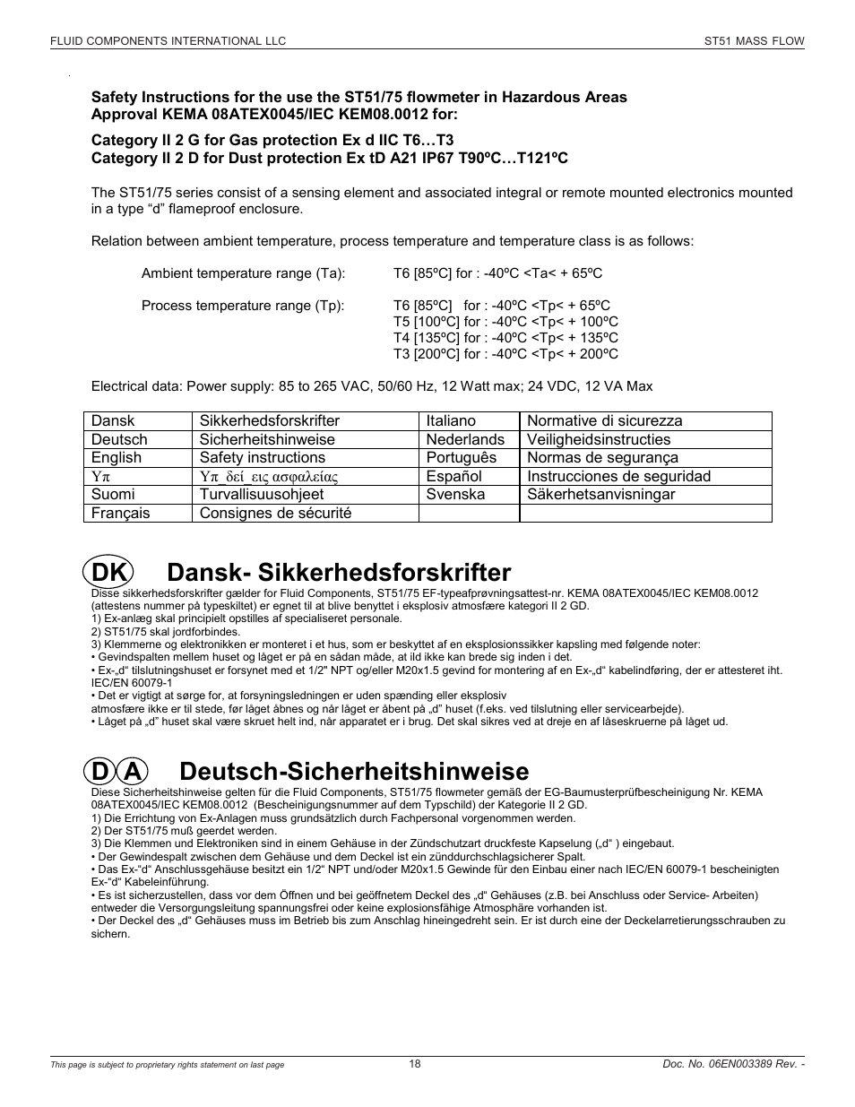 Dk dansk- sikkerhedsforskrifter, D a deutsch-sicherheitshinweise | Fluid Components International ST51 User Manual | Page 18 / 40