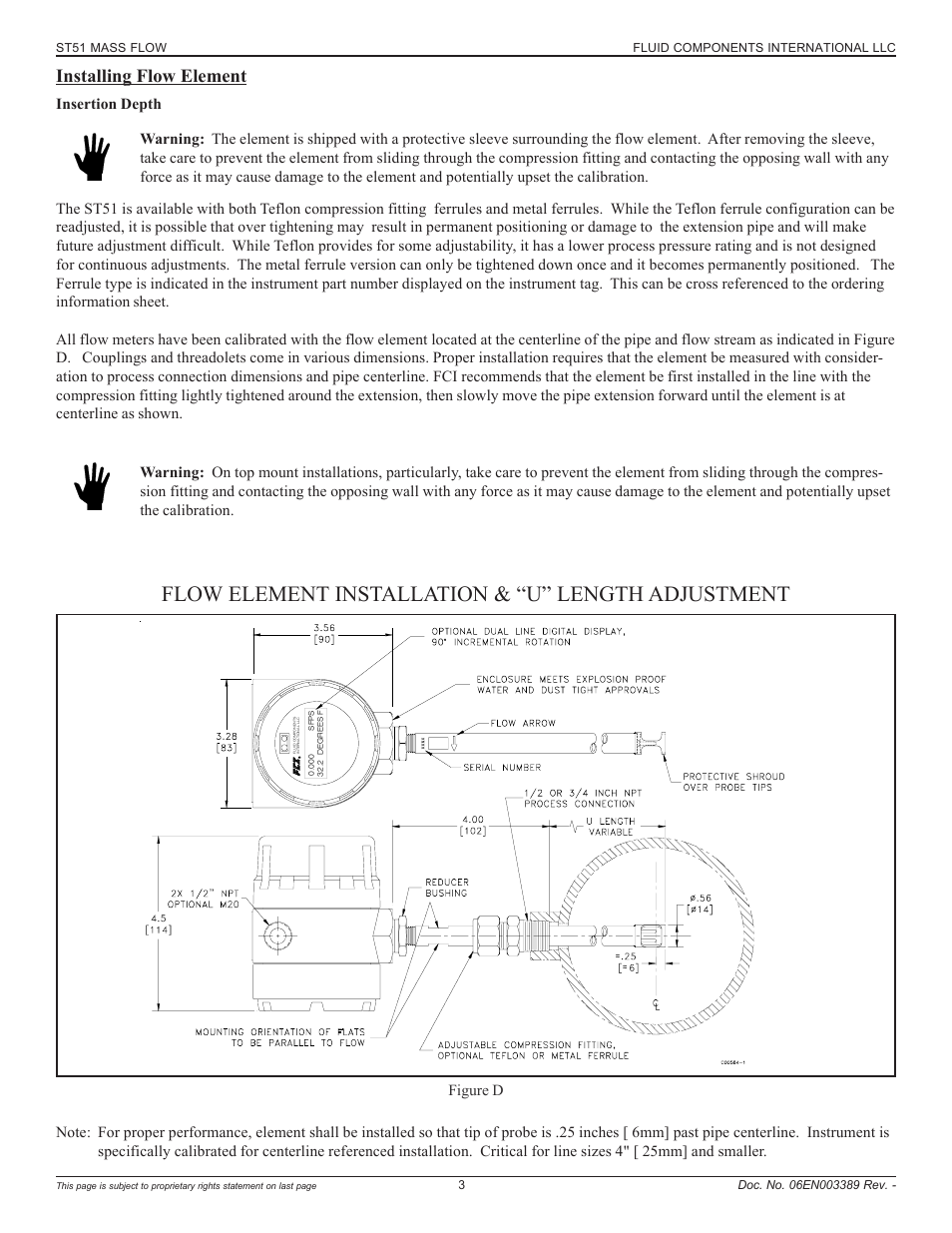 Installing flow element, Flow element installation & “u” length adjustment, St51 mass flow fluid components international llc | Fluid Components International ST51 User Manual | Page 3 / 40