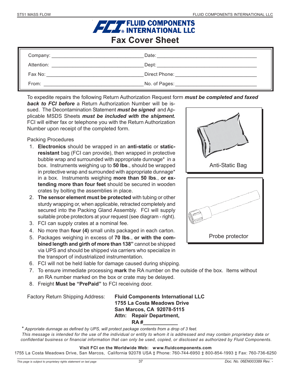 Fax cover sheet | Fluid Components International ST51 User Manual | Page 37 / 40