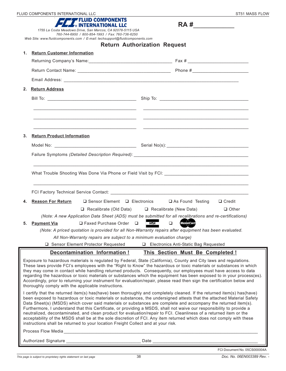 Return authorization request | Fluid Components International ST51 User Manual | Page 38 / 40