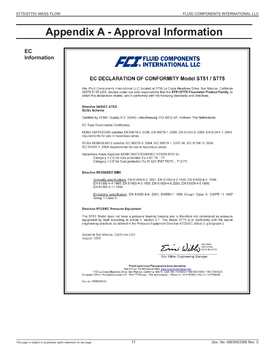 Appendix a - approval information | Fluid Components International ST75_ST75V User Manual | Page 17 / 40