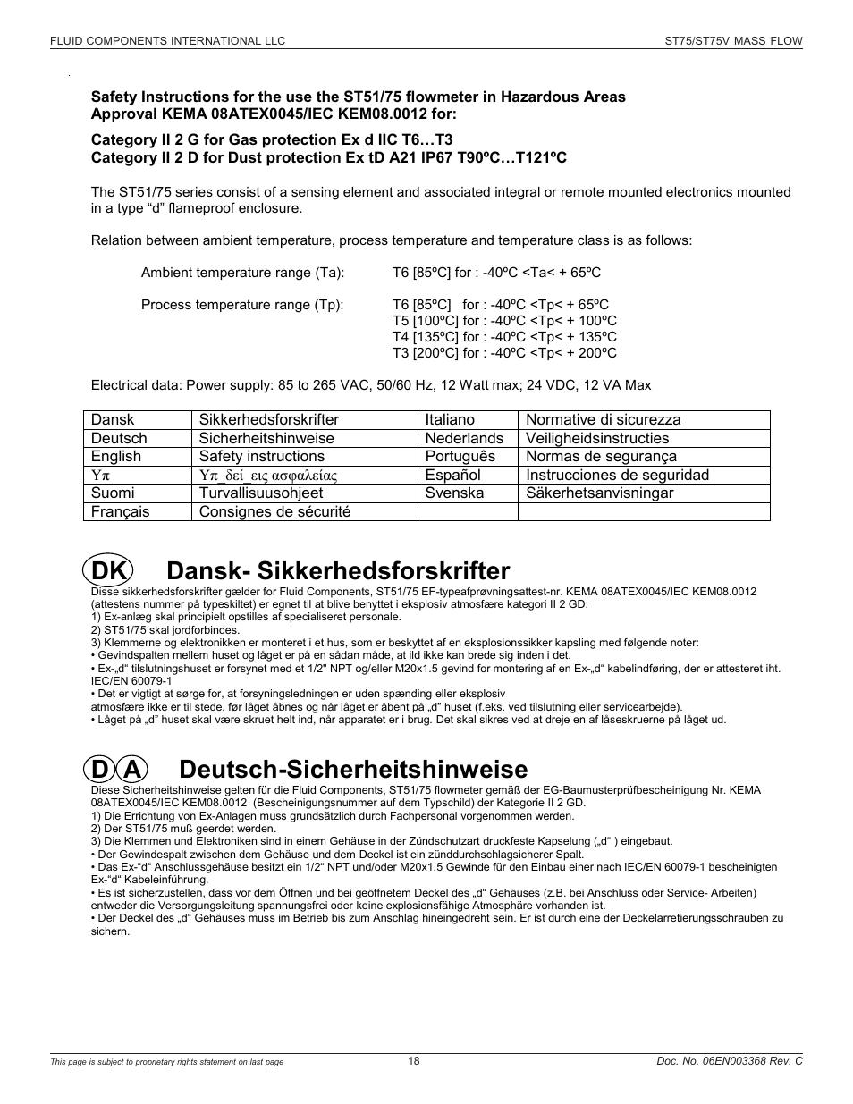 Dk dansk- sikkerhedsforskrifter, D a deutsch-sicherheitshinweise | Fluid Components International ST75_ST75V User Manual | Page 18 / 40