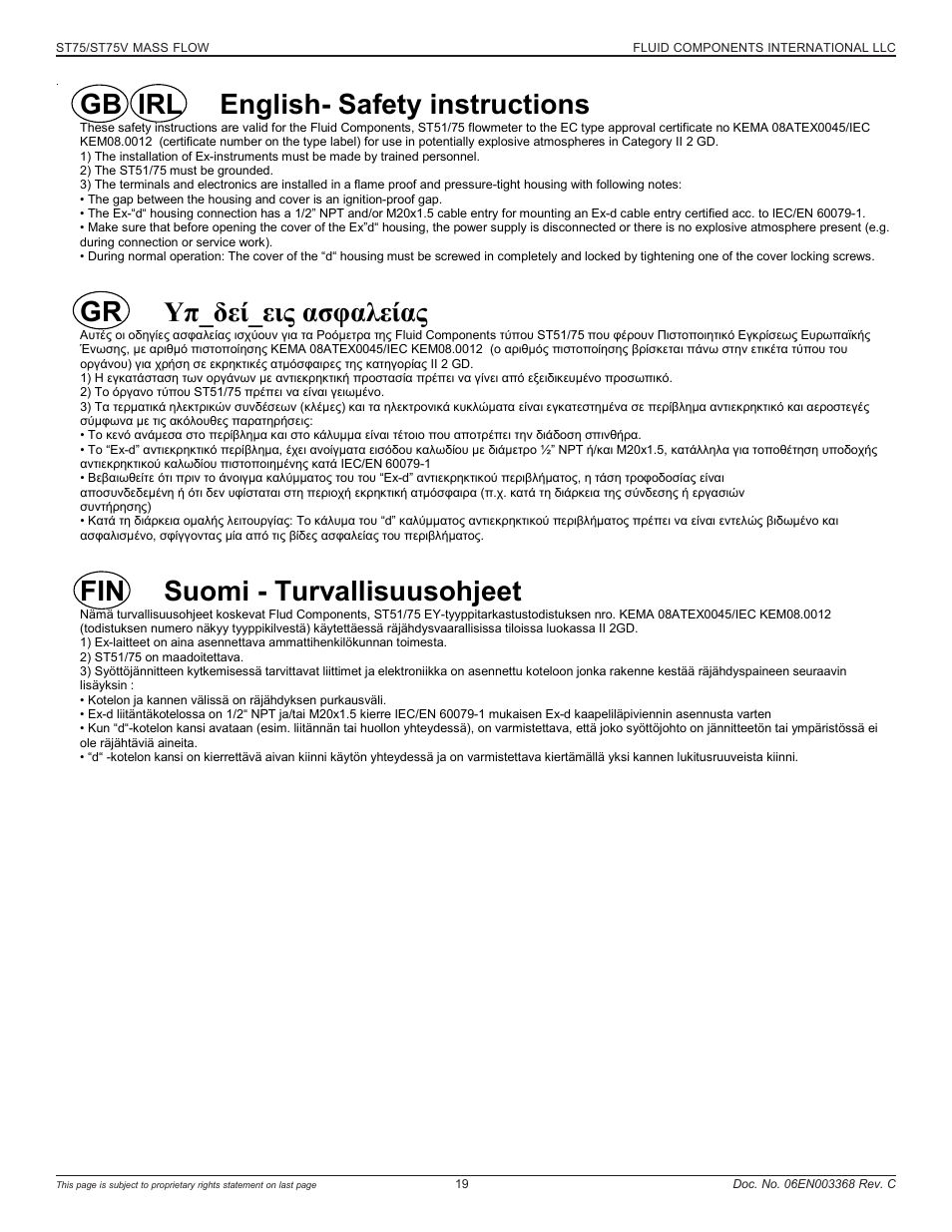 Gb irl english- safety instructions, Gr υπ_δεί_εις ασφαλείας, Fin suomi - turvallisuusohjeet | Fluid Components International ST75_ST75V User Manual | Page 19 / 40