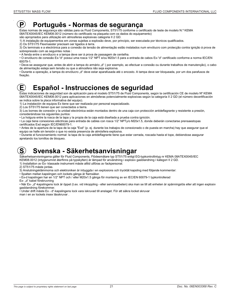 P português - normas de segurança, E español - instrucciones de seguridad, S svenska - säkerhetsanvisningar | Fluid Components International ST75_ST75V User Manual | Page 21 / 40