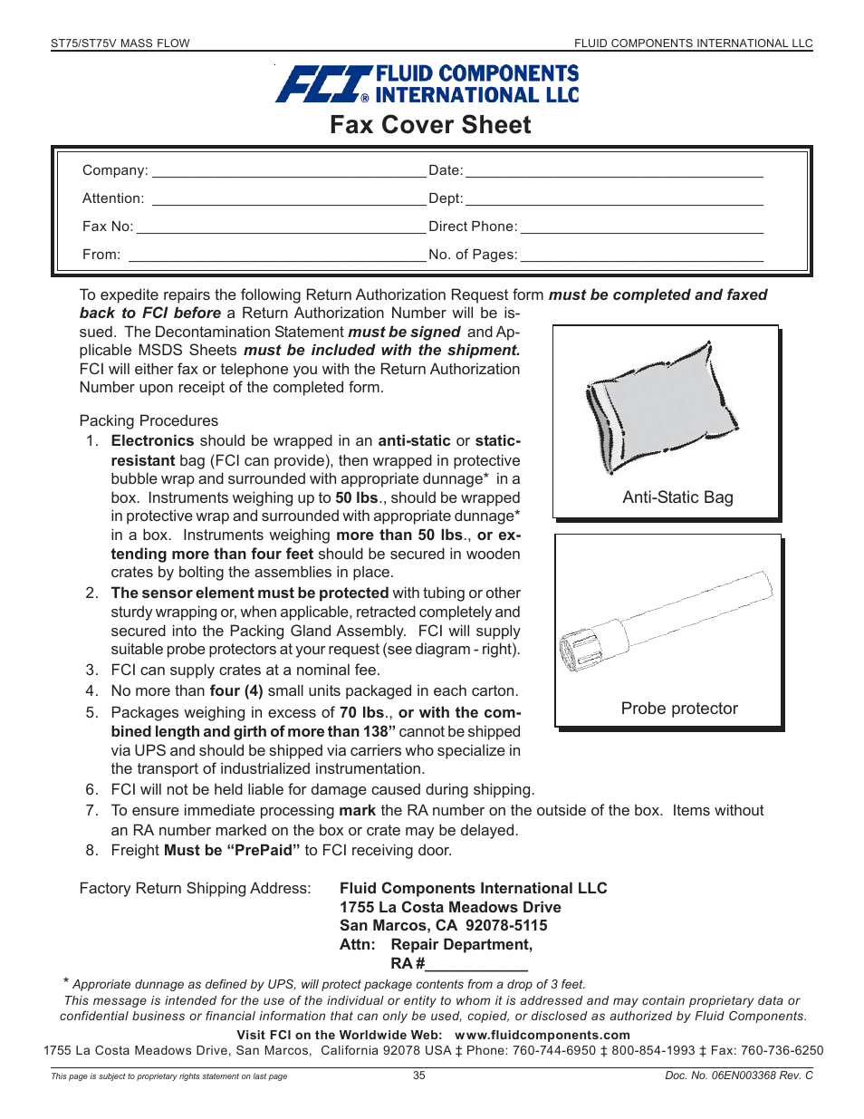 Fax cover sheet | Fluid Components International ST75_ST75V User Manual | Page 35 / 40