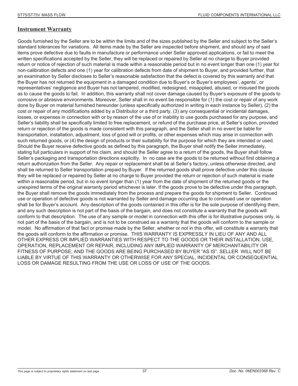 Instrument warranty | Fluid Components International ST75_ST75V User Manual | Page 37 / 40