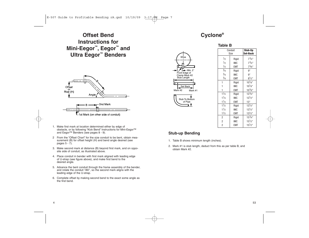 Cyclone, Offset bend instructions for mini-eegor, Eegor | And ultra eegor, Benders, Stub-up bending, Table b | Gardner Bender Guide to Profitable Bending User Manual | Page 4 / 28
