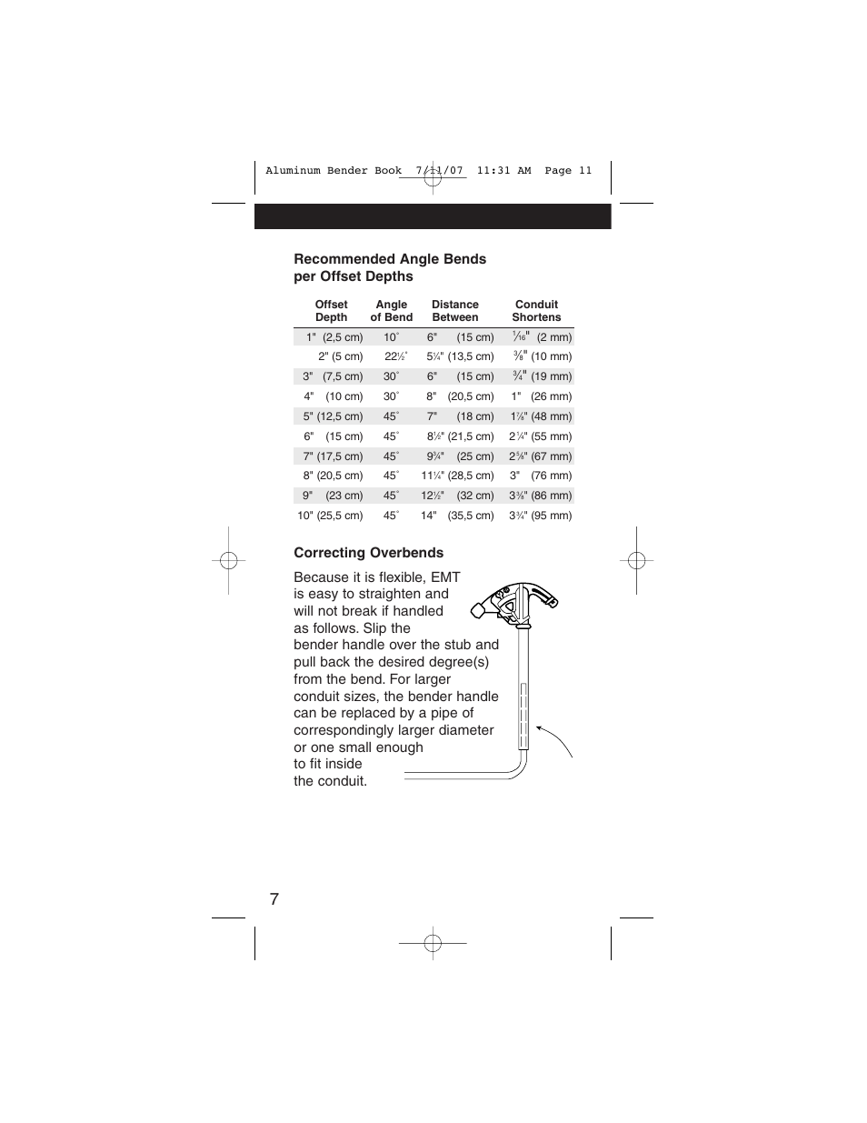 Recommended angle bends per offset depths | Gardner Bender Hand Bend Guide User Manual | Page 10 / 28
