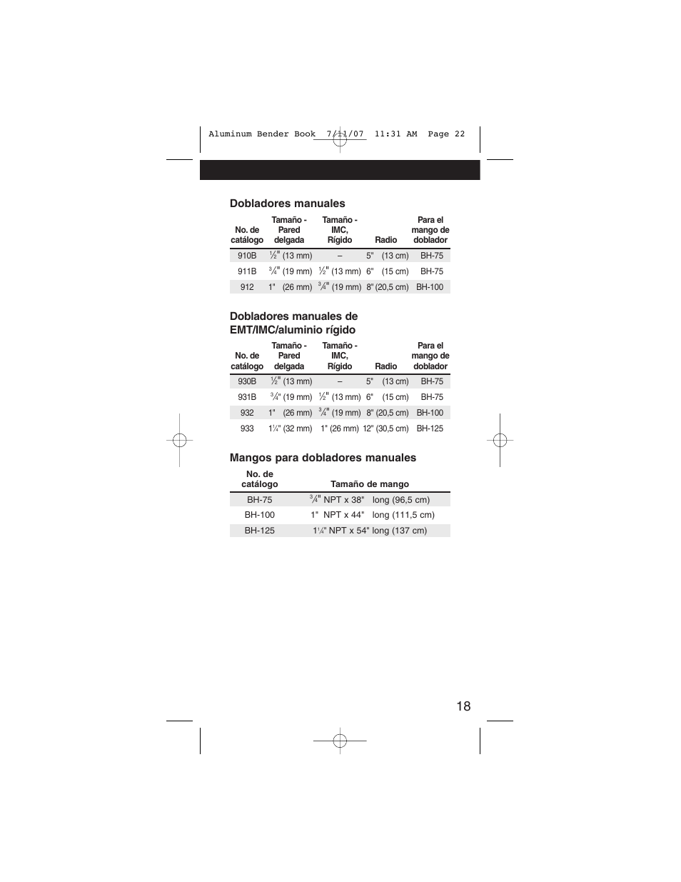 Dobladores manuales, Dobladores manuales de emt/imc/aluminio rígido, Mangos para dobladores manuales | Gardner Bender Hand Bend Guide User Manual | Page 21 / 28