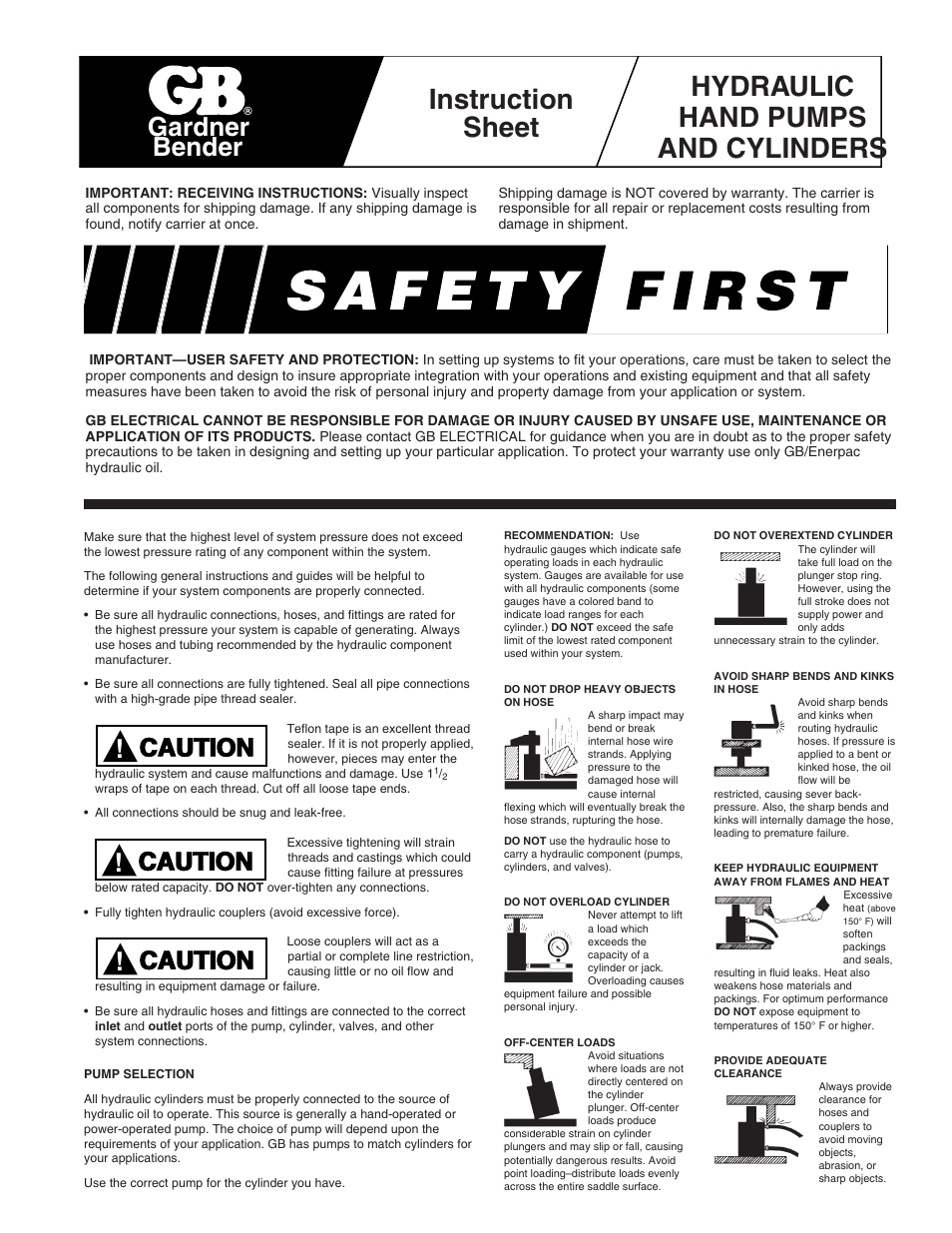 Gardner Bender HYDRAULIC HAND PUMPS AND CYLINDERS User Manual | 4 pages