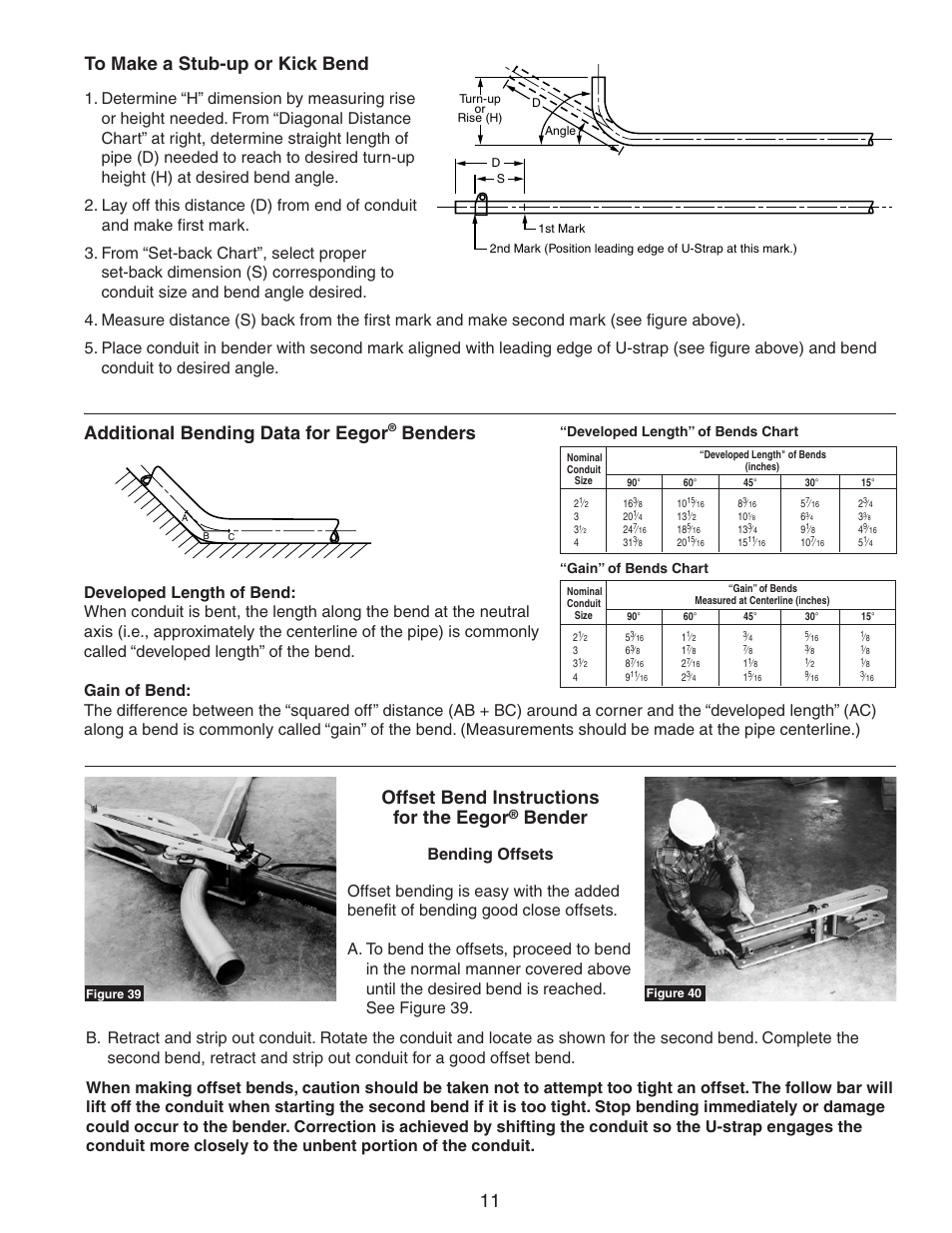 11 to make a stub-up or kick bend, Additional bending data for eegor, Benders | Offset bend instructions for the eegor, Bender | Gardner Bender B400 Series Eegor Hydraulic Benders User Manual | Page 11 / 12