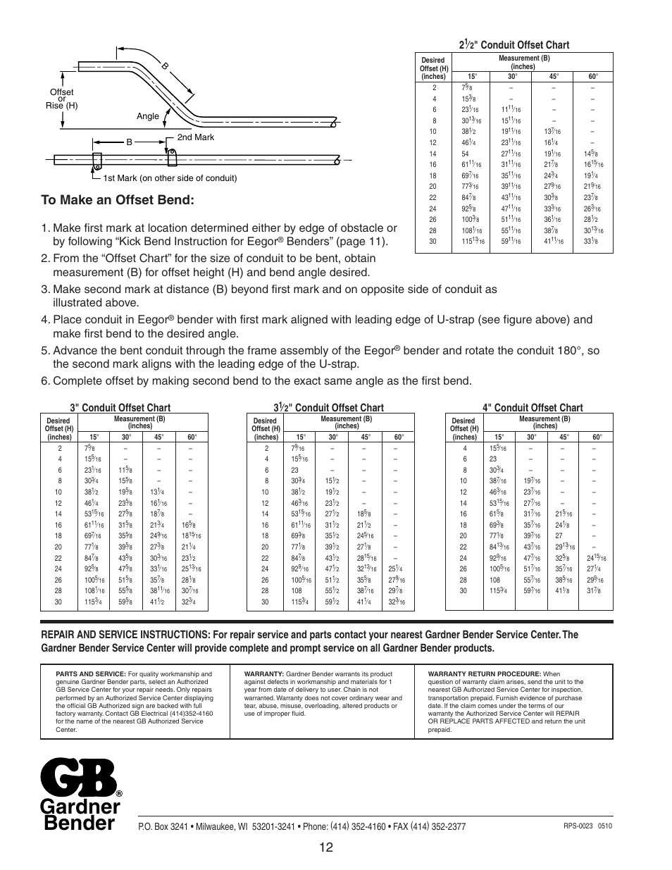 Gardner bender, Conduit offset chart 3" conduit offset chart 3, Conduit offset chart 4" conduit offset chart | Gardner Bender B400 Series Eegor Hydraulic Benders User Manual | Page 12 / 12
