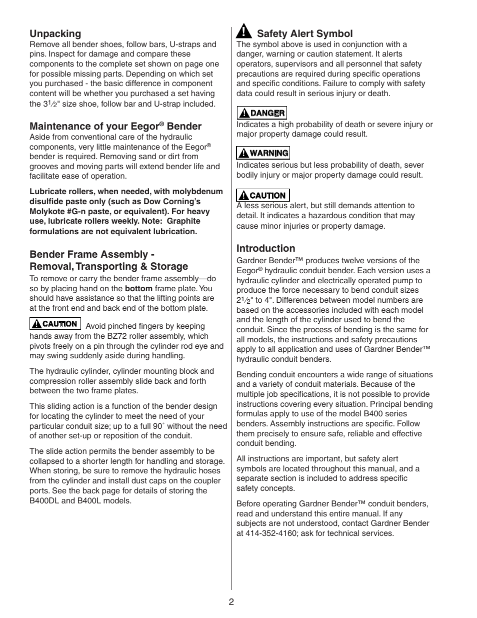 Unpacking, Maintenance of your eegor, Bender | Safety alert symbol, Introduction | Gardner Bender B400 Series Eegor Hydraulic Benders User Manual | Page 2 / 12
