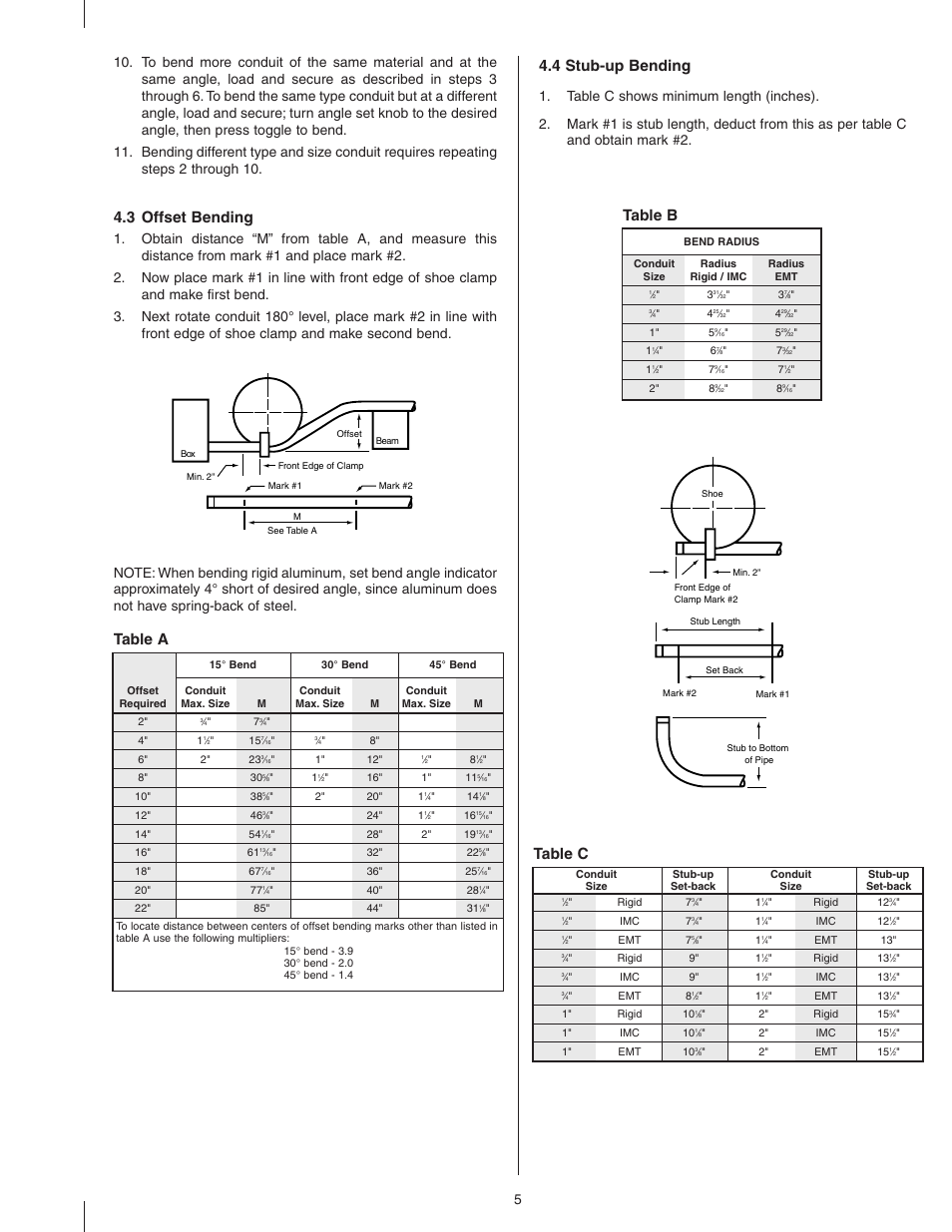 3 offset bending, 4 stub-up bending, Table a | Table b, Table c | Gardner Bender B2000 Series G Cyclone Bender User Manual | Page 5 / 6