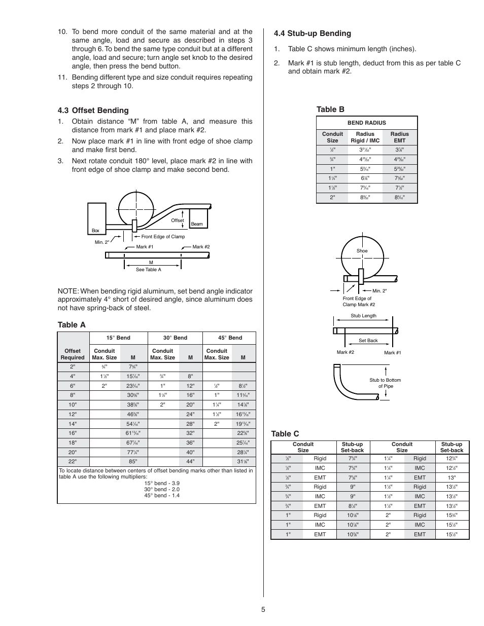 3 offset bending, 4 stub-up bending, Table a | Table b, Table c | Gardner Bender B2000 Series J Cyclone Bender User Manual | Page 5 / 6