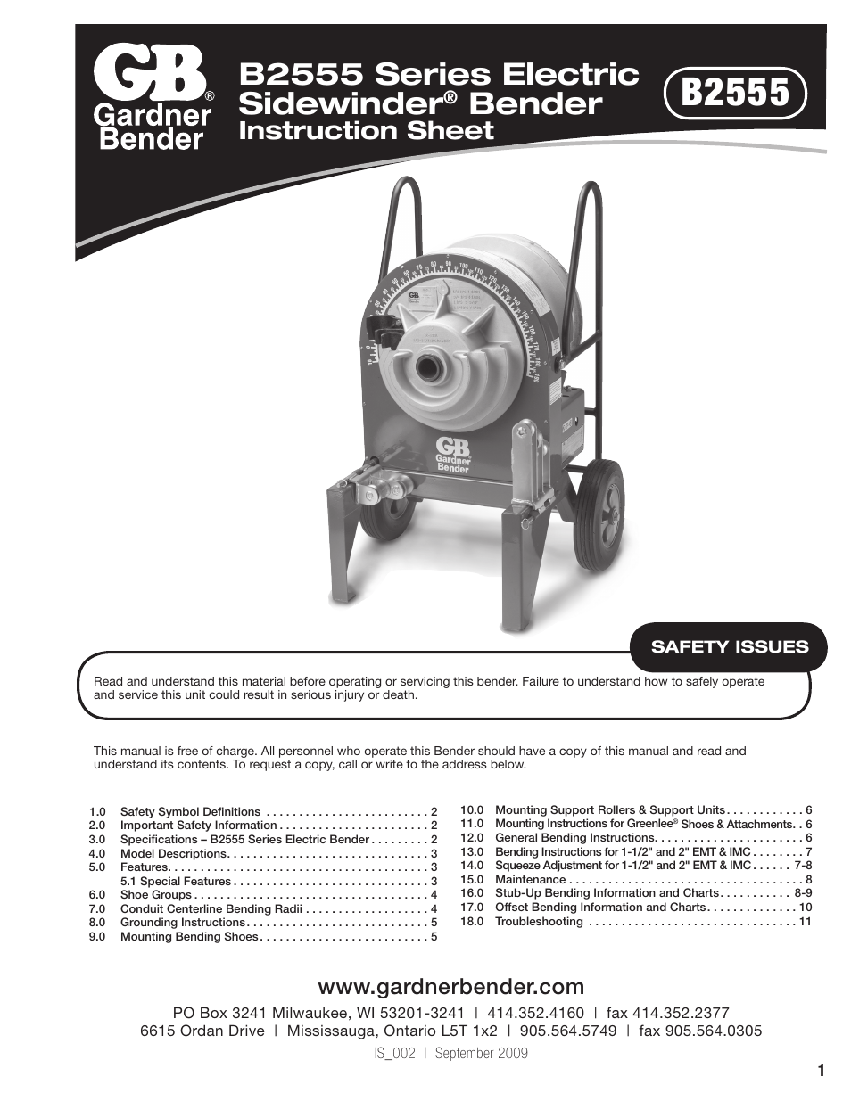 Gardner Bender B2555 Series Electric Sidewinder Bender User Manual | 12 pages