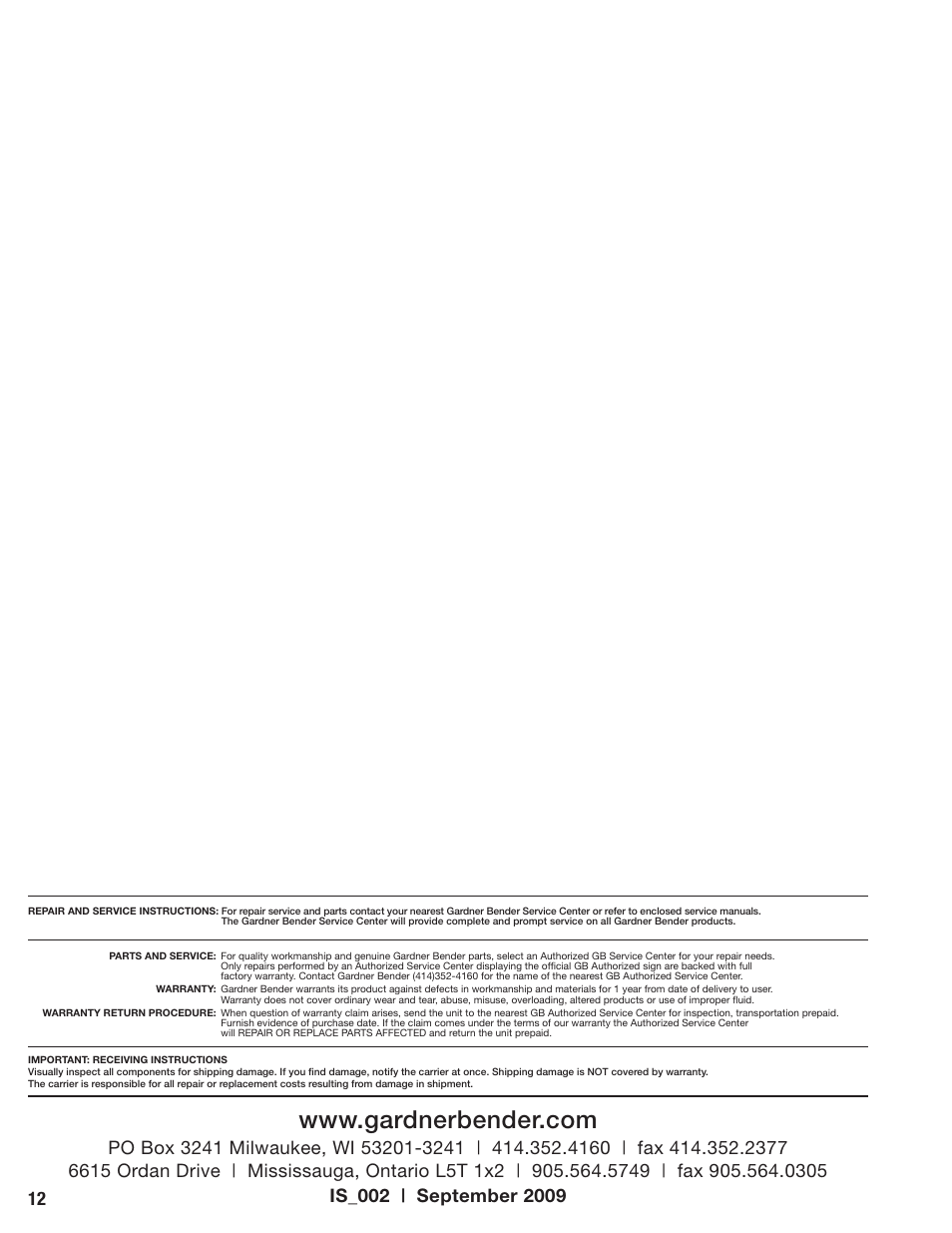 Gardner Bender B2555 Series Electric Sidewinder Bender User Manual | Page 12 / 12