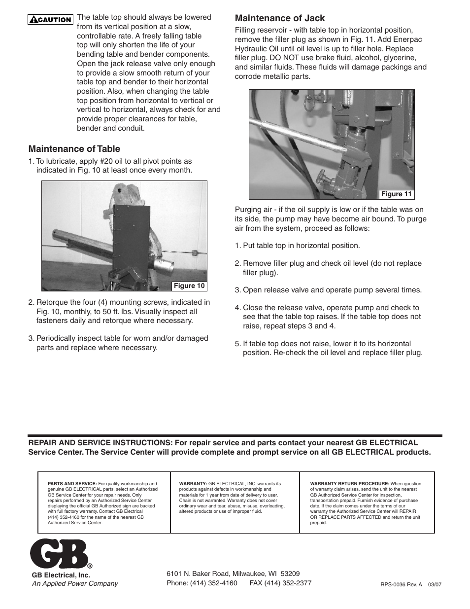 Maintenance of table, Maintenance of jack | Gardner Bender BE400 Eegor Bending Table User Manual | Page 4 / 4