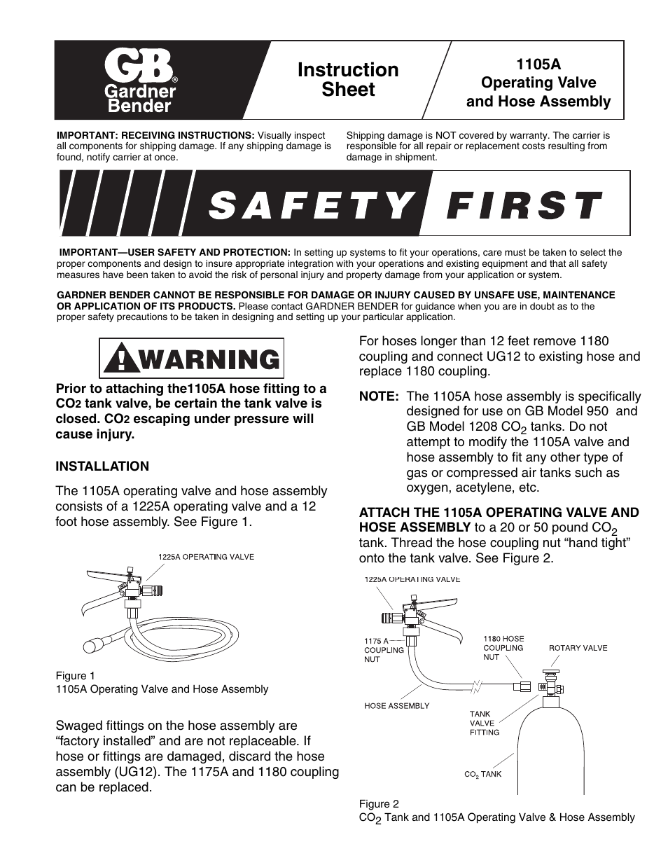 Gardner Bender 1105A Operating Valve and Hose Assembly User Manual | 2 pages