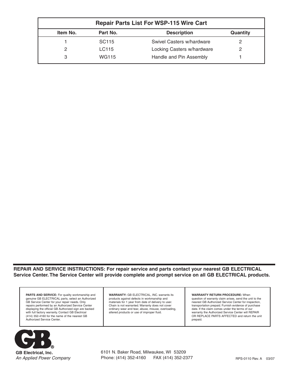 Repair parts list for wsp-115 wire cart | Gardner Bender WSP-115 Wire Cart User Manual | Page 2 / 2