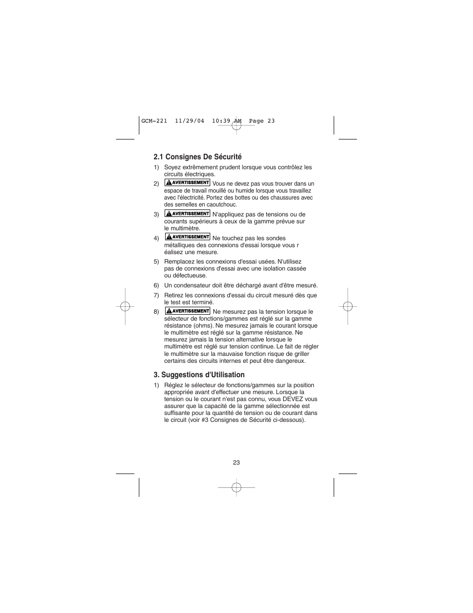 1 consignes de sécurité, Suggestions d'utilisation | Gardner Bender GCM-221 Auto Clamp-On Multimeter User Manual | Page 21 / 26