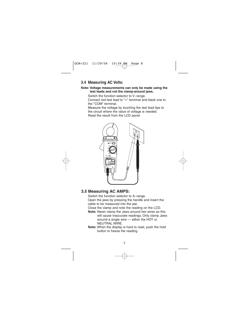 4 measuring ac volts, 5 measuring ac amps, Gcm-221 | Gardner Bender GCM-221 Auto Clamp-On Multimeter User Manual | Page 8 / 26