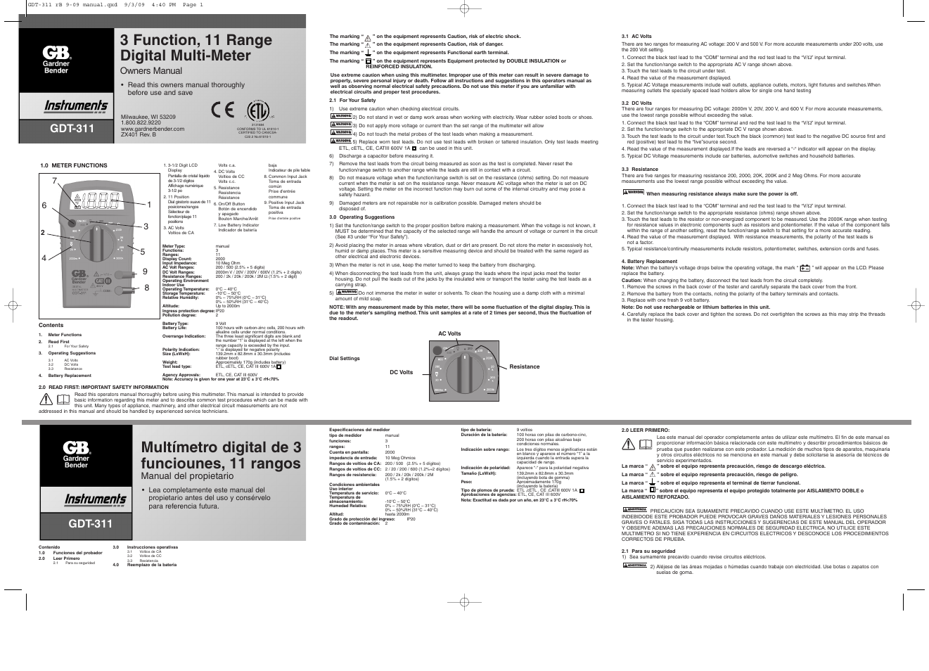Gardner Bender GDT-311 3 Function Multimeter User Manual | 2 pages