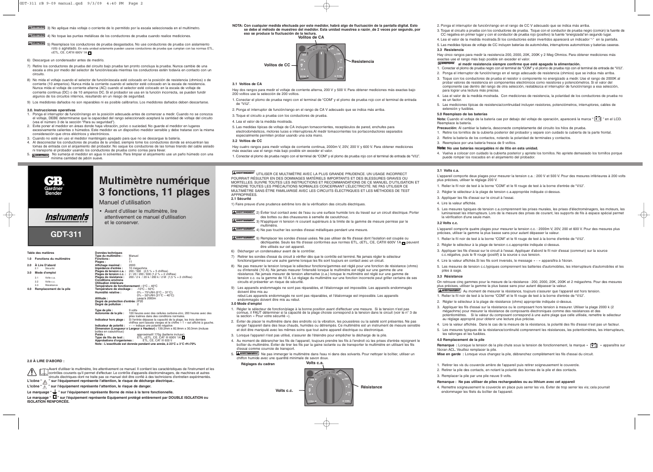 Multimètre numérique 3 fonctions, 11 plages, Gdt-311, Manuel d’utilisation | Gardner Bender GDT-311 3 Function Multimeter User Manual | Page 2 / 2