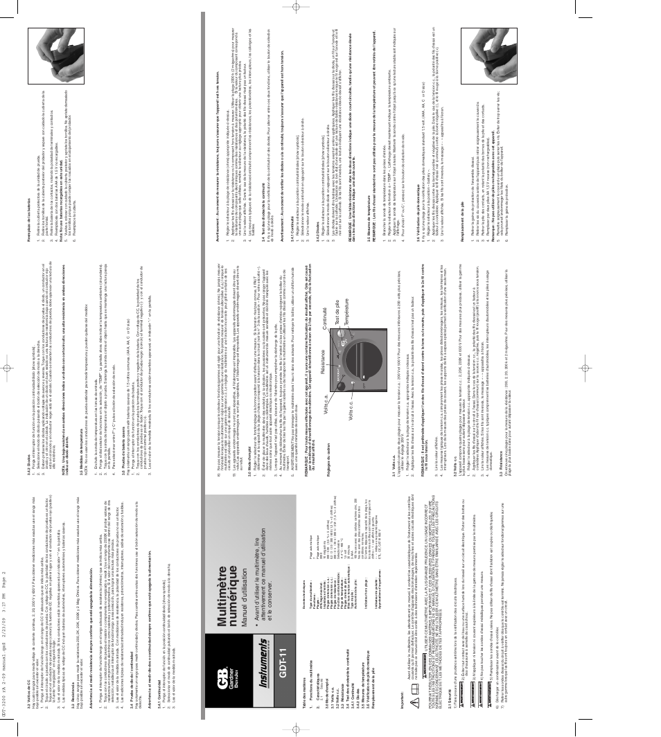 Multimètre n umérique, Gdt -11, Man uel d’utilisation | Gardner Bender GDT-3200 Auto Multimeter User Manual | Page 2 / 2