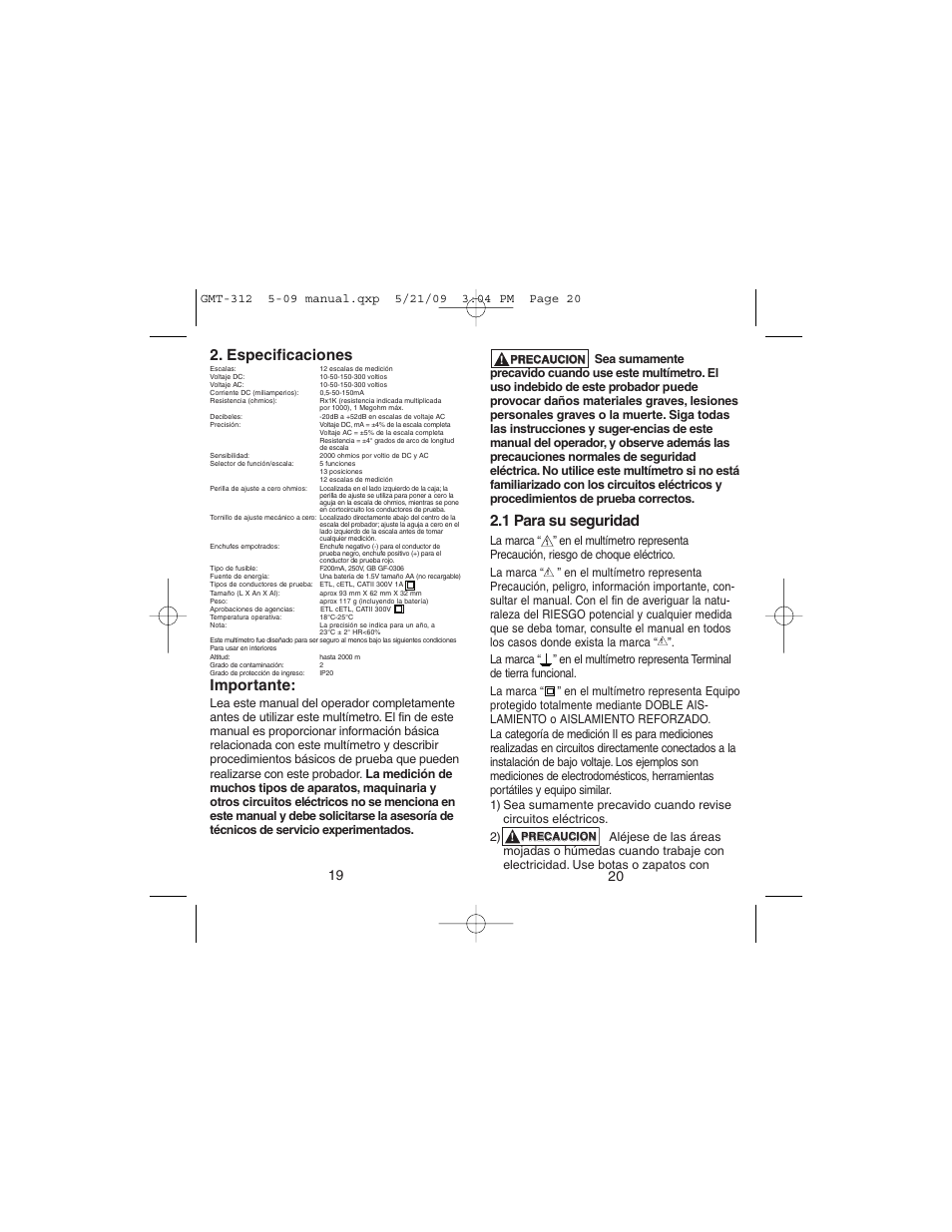 Especificaciones, Importante, 1 para su seguridad | Gardner Bender GMT-312 5 Function Analog Multimeter User Manual | Page 11 / 26