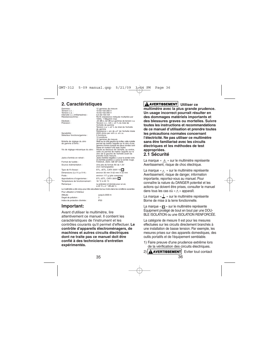 Caractéristiques, Important, 1 sécurité | Gardner Bender GMT-312 5 Function Analog Multimeter User Manual | Page 19 / 26