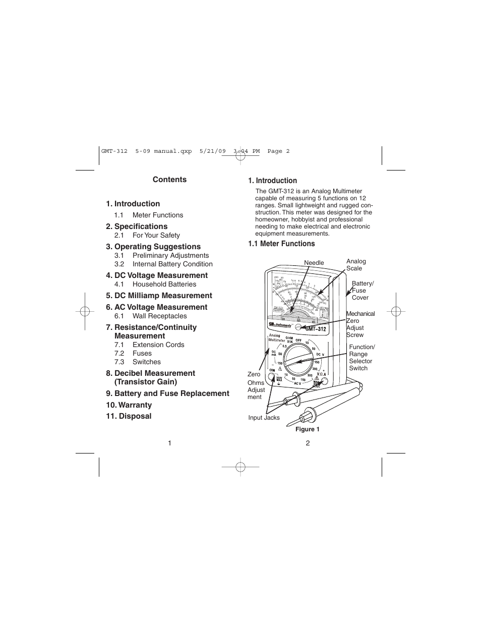 Introduction, 1 meter functions, Contents 1. introduction | Specifications, Operating suggestions, Dc voltage measurement, Dc milliamp measurement 6. ac voltage measurement, Resistance/continuity measurement, 1 for your safety, 1 household batteries | Gardner Bender GMT-312 5 Function Analog Multimeter User Manual | Page 2 / 26