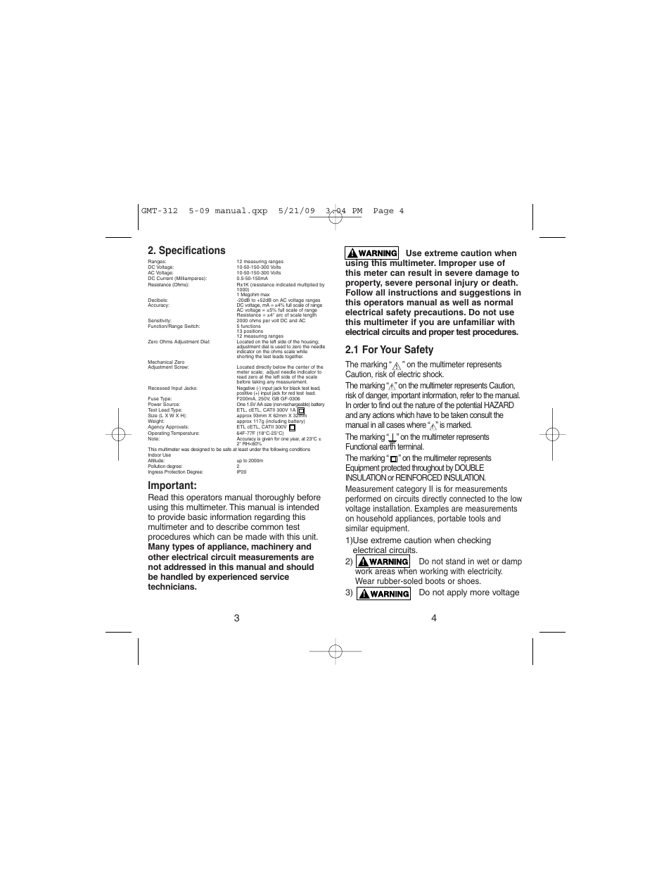 1 for your safety, Specifications, Important | Gardner Bender GMT-312 5 Function Analog Multimeter User Manual | Page 3 / 26