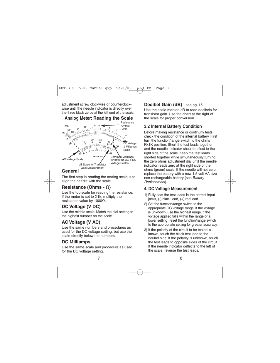 Analog meter: reading the scale general, Resistance (ohms - ω ), Dc voltage (v dc) | Ac voltage (v ac), Dc milliamps, Decibel gain (db), 2 internal battery condition, Dc voltage measurement | Gardner Bender GMT-312 5 Function Analog Multimeter User Manual | Page 5 / 26