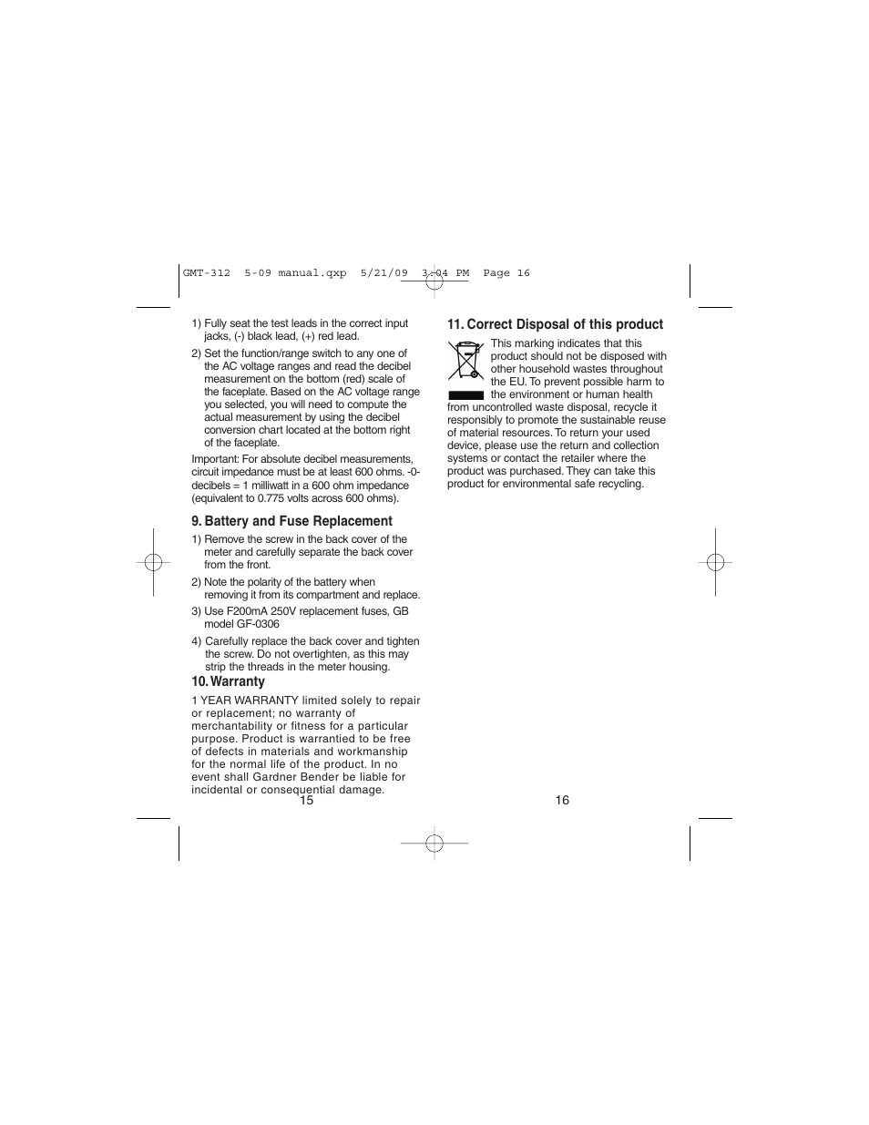 Gardner Bender GMT-312 5 Function Analog Multimeter User Manual | Page 9 / 26