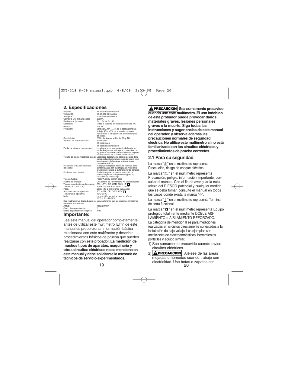 Especificaciones, Importante, 1 para su seguridad | Gardner Bender GMT-318 6 Function Analog Multimeter User Manual | Page 11 / 26