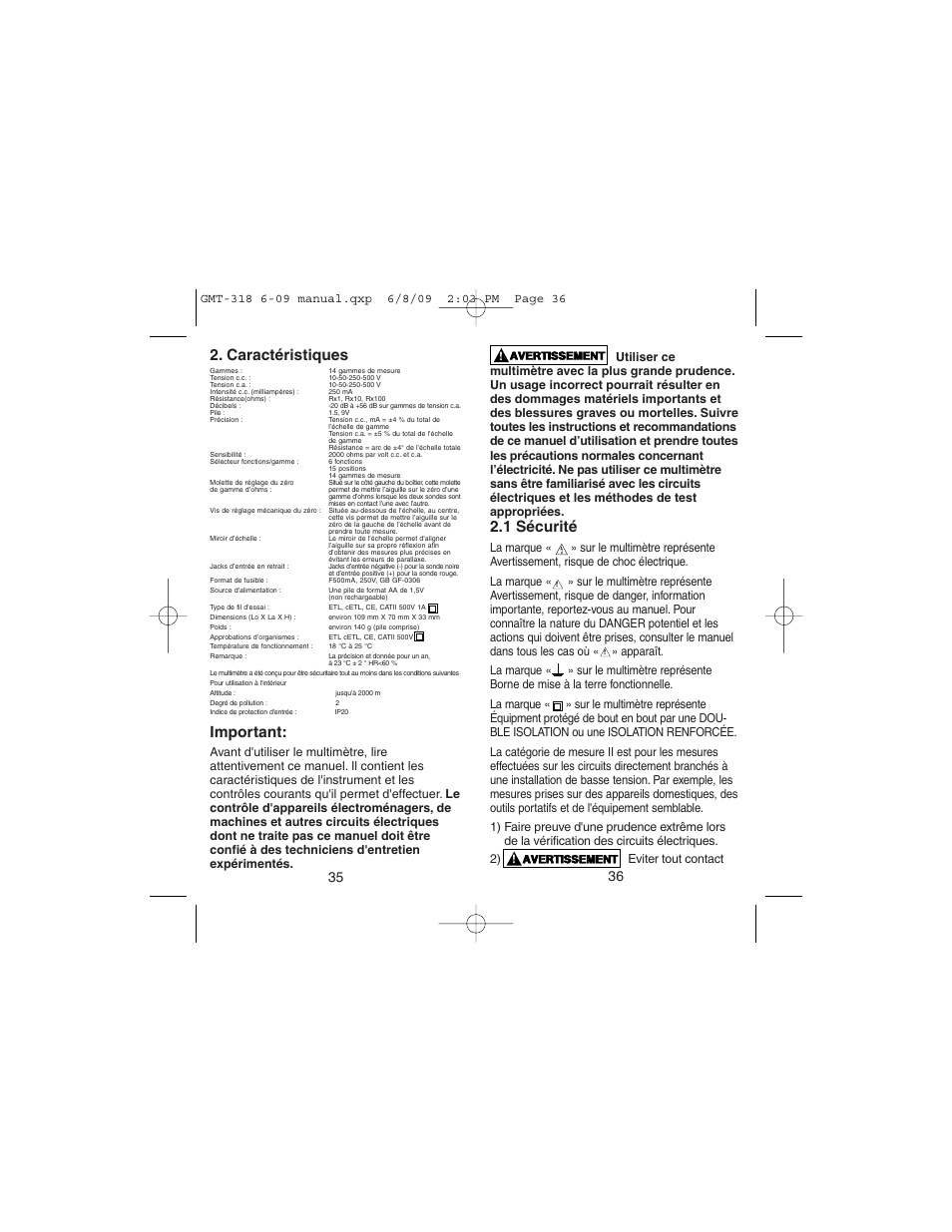 Caractéristiques, Important, 1 sécurité | Gardner Bender GMT-318 6 Function Analog Multimeter User Manual | Page 19 / 26