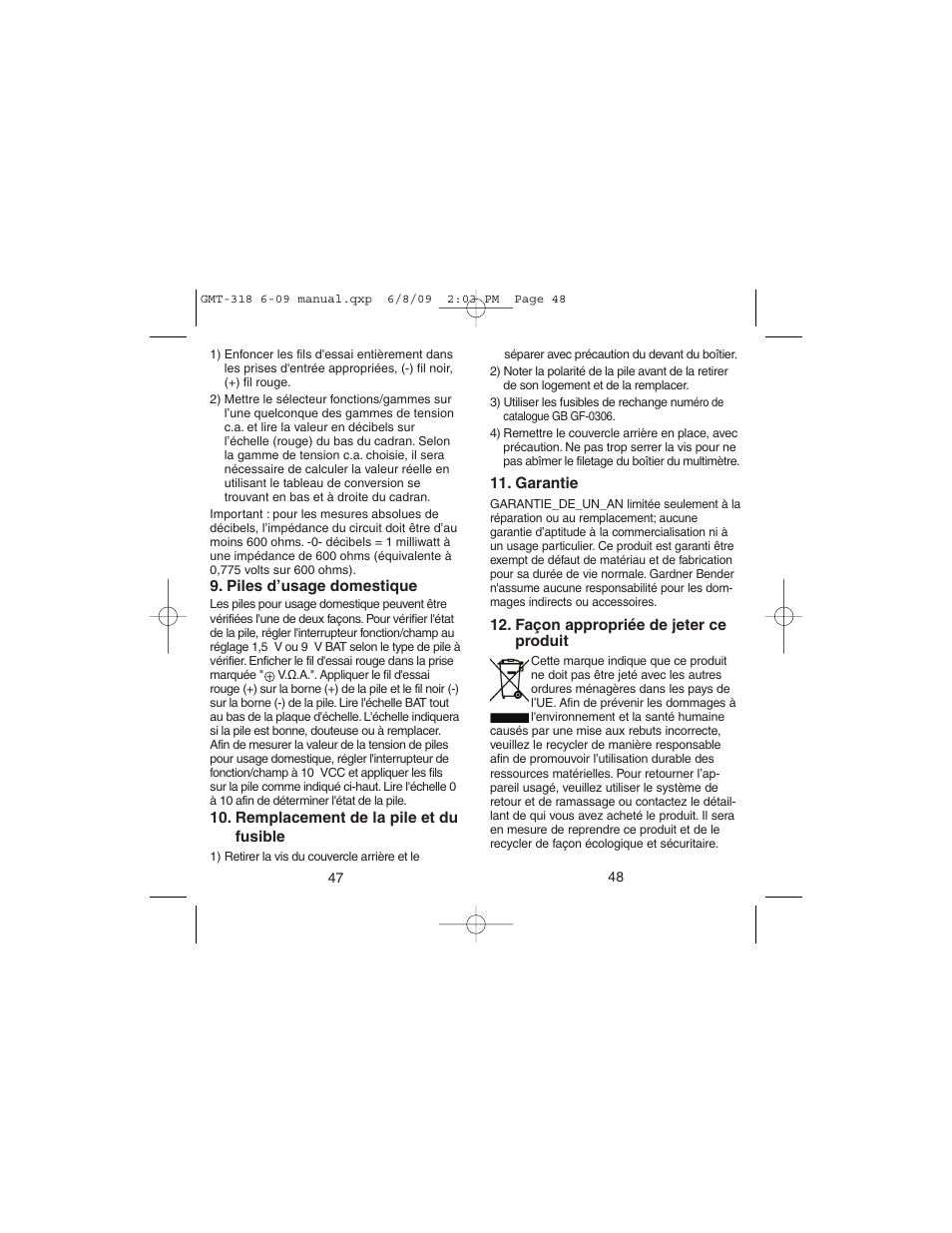 Gardner Bender GMT-318 6 Function Analog Multimeter User Manual | Page 25 / 26