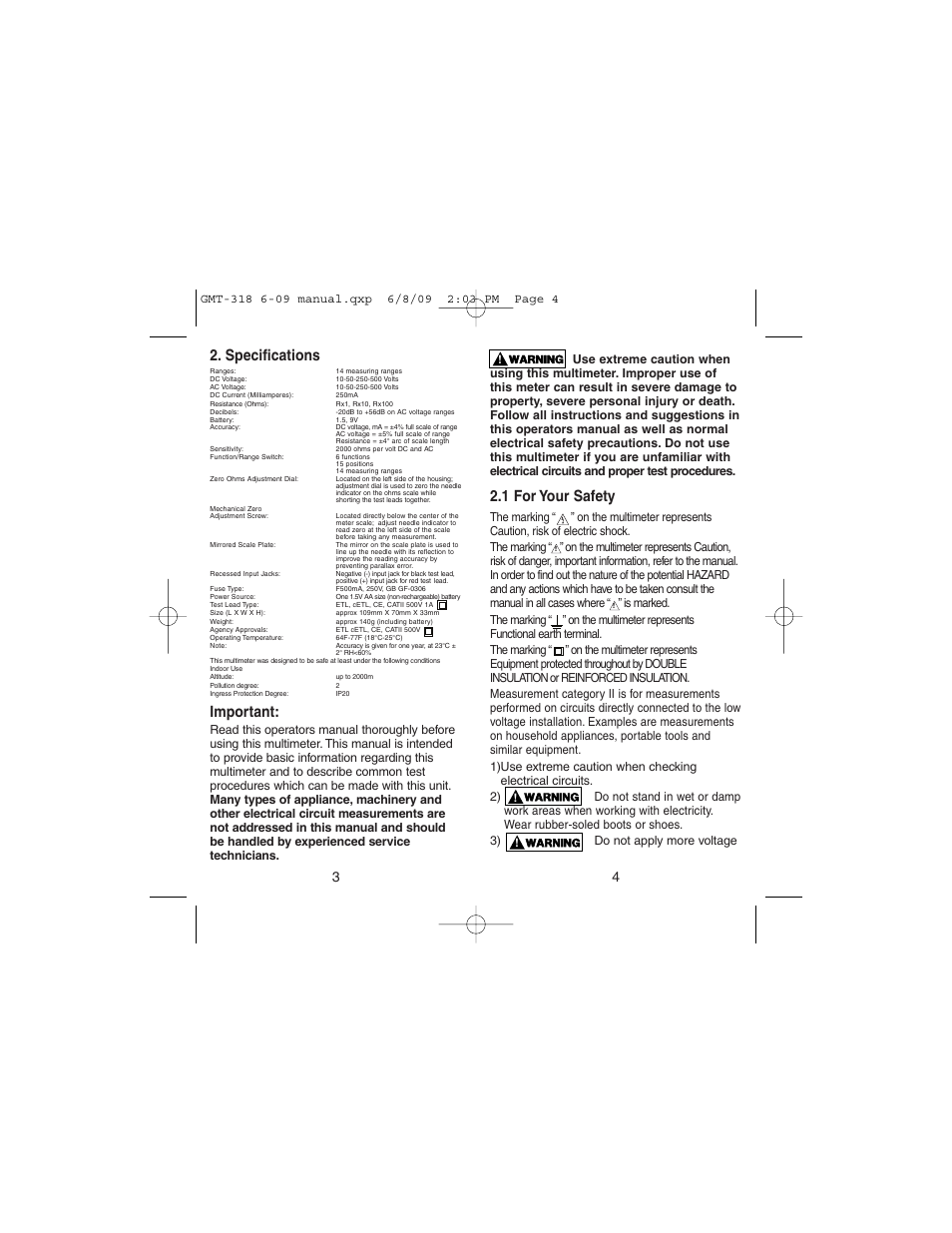1 for your safety, Specifications, Important | Gardner Bender GMT-318 6 Function Analog Multimeter User Manual | Page 3 / 26