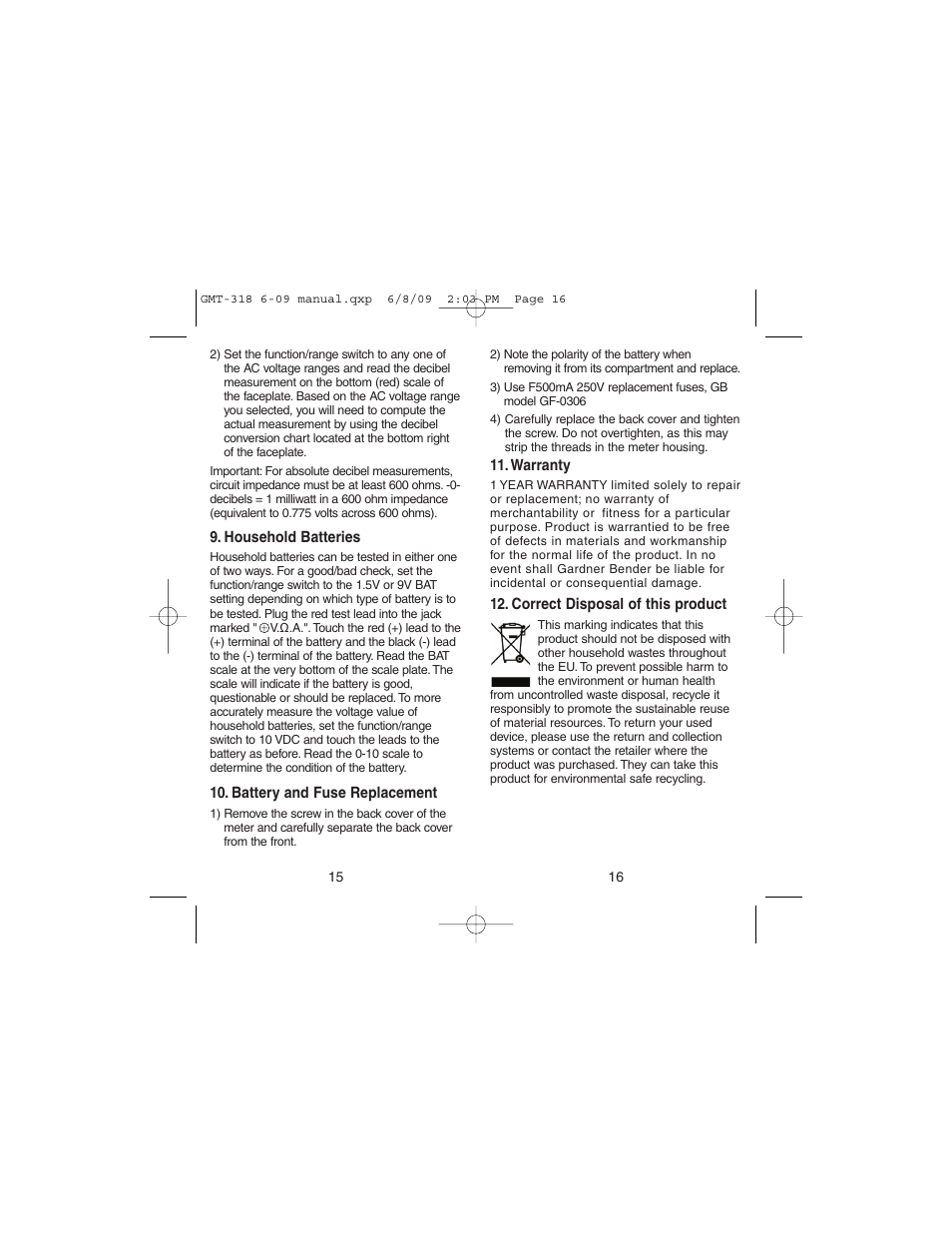 Gardner Bender GMT-318 6 Function Analog Multimeter User Manual | Page 9 / 26