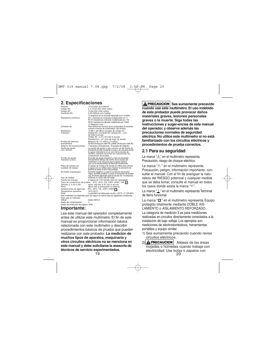 Especificaciones, Importante, 1 para su seguridad | Gardner Bender GMT-319 7 Function Analog Multimeter User Manual | Page 11 / 26