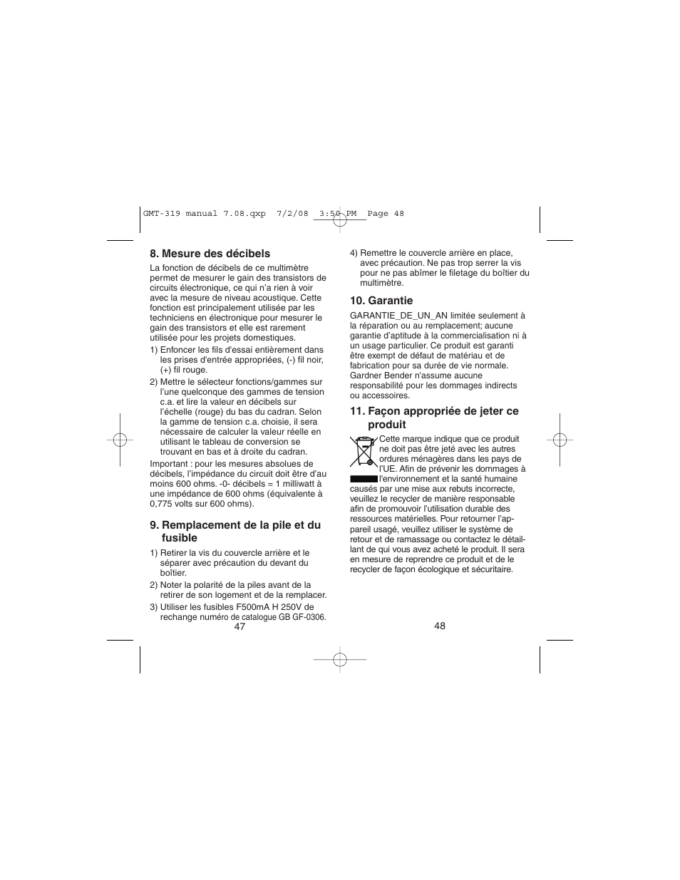 Gardner Bender GMT-319 7 Function Analog Multimeter User Manual | Page 25 / 26